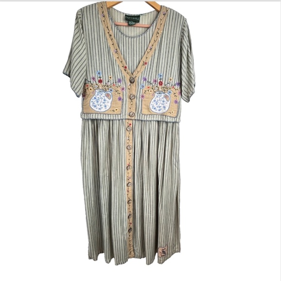 VTG 90s Papy Boez Midi Dress S/M Embroidered Floral Cottage Granny Prairie Bird - Picture 13 of 13